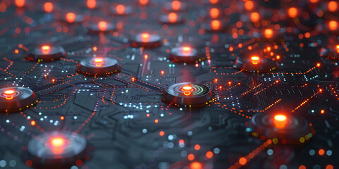 Wall Mural - Futuristic circuit board with glowing nodes and connected networks of light