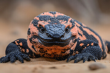 a gila monster resting on a sandy desert floor.