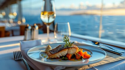 Gourmet meal served with wine on a cruise ship