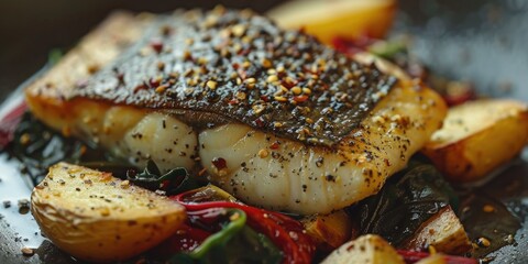 Poster - Mediterranean Delight Pan Seared Sea Bass with Garlic Potatoes Swiss Chard and Olive Oil