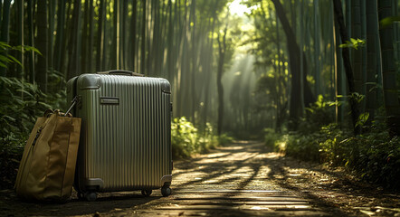 Wall Mural - Silver Metallic Suitcase on Bamboo Forest Floor