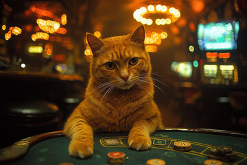 Animal Cat plays poker blackjack in a casino, fantasy