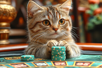 Animal Cat plays poker blackjack in a casino, fantasy