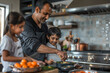 © Nelly - An indian father joyfully cooks with his two young children in a modern kitchen, creating a heartwarming and educational family bonding moment