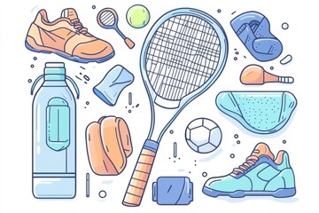 Wall Mural - A tennis racket hitting a ball, surrounded by a water bottle, a tennis net, a pair of shoes, a sweatband, a tennis court, and a sports bag.