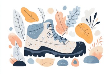 Doodle of a hiking boot print on a path with surrounding nature elements like leaves and pebbles, pastel colors.