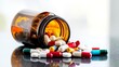 © JP STUDIO LAB - Open amber bottle tipped over with a colorful variety of pills and capsules spilling out, set on a sleek, modern surface, depicting healthcare and medication themes