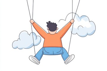 Doodle of a person in free fall with the bungee cord attached, simple illustration, cute design, centered composition, pastel colors, white background.