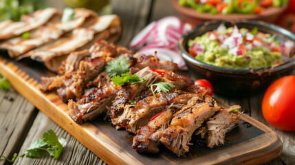 Savory Glazed Barbecued Ribs Served with Fresh Guacamole and Salsa on Rustic Wooden Table - Gourmet Meal Concept.