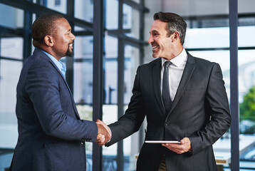 Poster - Happy business people, investor or handshake in office for meeting, partnership or greeting at law firm. Diversity, welcome or corporate lawyer with client for deal negotiation, support or consulting
