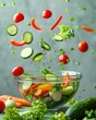 © AIGen - Bowl Of Vegetables. Fresh Salad Ingredients Falling Into Bowl. Space for Text