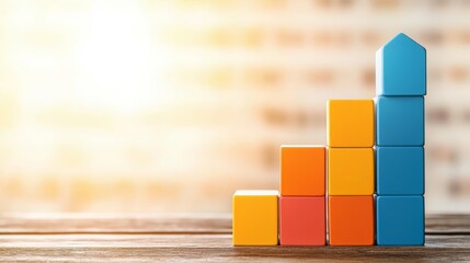Vibrant graph blocks arranged on a wooden surface, blurred background representing business growth and progress