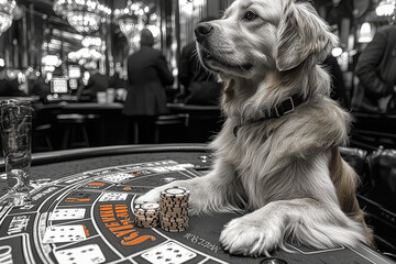 Animal Dog plays poker blackjack in a casino, fantasy