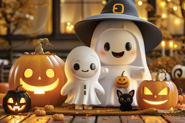 A Halloween scene with a white ghost and a black cat