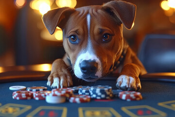 Animal Dog plays poker blackjack in a casino, fantasy