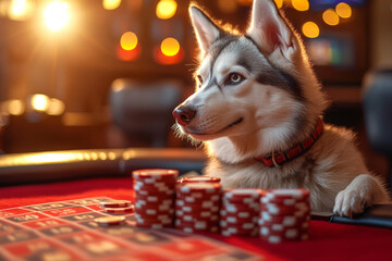 Animal Dog plays poker blackjack in a casino, fantasy