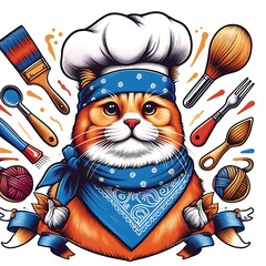 A cat wearing a chef hat and bandana artist