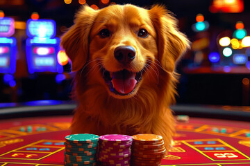 Animal Dog plays poker blackjack in a casino, fantasy