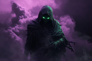 a wraith-like adventurer, menacing banshee. dark torn clothing and hood hiding a face hidden in shadows all except from faintly glowing green eyes