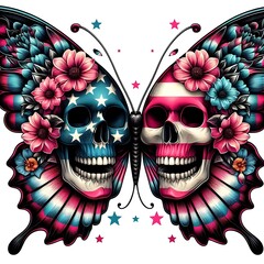 A butterfly with skulls and flowers