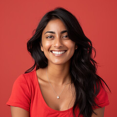 Wall Mural - young indian woman standing on red background