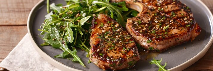 Sticker - Garlic infused pork chops accompanied by arugula salad on a plate