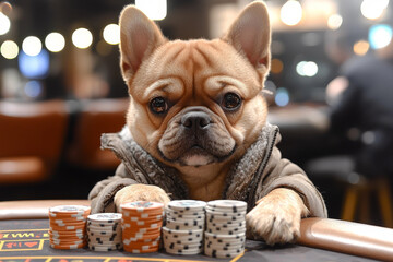 Animal Dog plays poker blackjack in a casino, fantasy