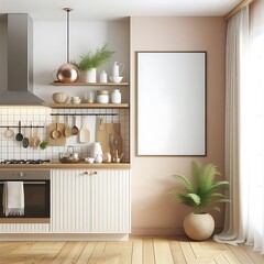 A kitchen with a plant and a picture frame work