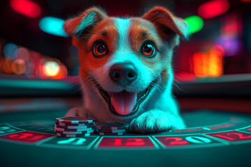 Animal Dog plays poker blackjack in a casino, fantasy