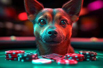 Animal Dog plays poker blackjack in a casino, fantasy