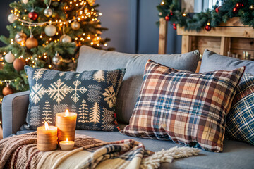 Decorative pillows and blankets with holiday themes, used to add festive touches to living spaces