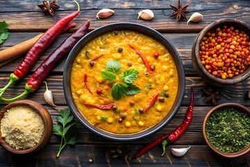 food. lentils used in traditional indian soups. spiced indian dhal dish in a bowl with herbs and spi