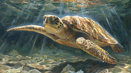 Wall Mural - A serene sea turtle swimming gracefully in sun-dappled waters. The presence of plastic bags in the background. 