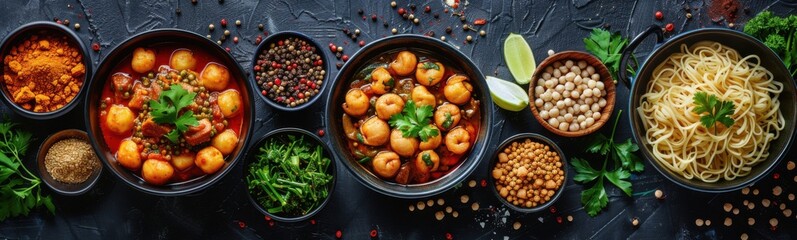 Wall Mural - Several bowls of food are lined up on a table, Food background, Banner