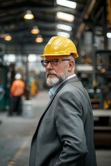 A middle-aged manager standing in a factory with a serious look on his face in a factory.