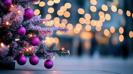 Wall Mural - a christmas tree adorned with purple baubles and twinkling lights.