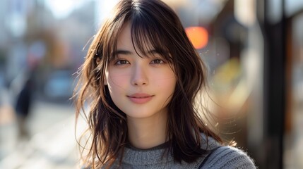 Wall Mural - Young Woman Smiling Brightly in a Bustling City Street During Daytime