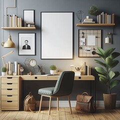 a work office desk with a chair and a picture frame on the wall design lively