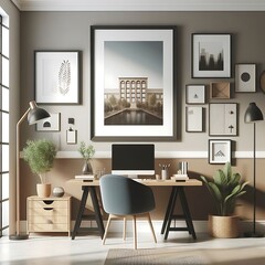 a work office desk with a chair and a picture on the wall work colours artist