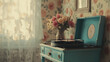 © Meritxell Cid - A blue record player sits on a table next to a vase of flowers