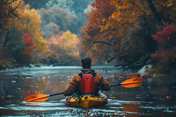 River Adventure in Fall: Man Kayaking with Autumn Leaves Background