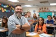 © JuLady_studio - Cheerful senior American teacher with a warm smile surrounded by his enthusiastic pupils in a colorful classroom, showcasing a multicultural and dynamic learning environment. Back to school concept.