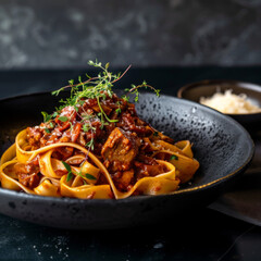 Wall Mural - Fettuccine Pasta with Meat Sauce and Thyme Garnish