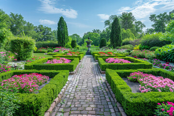 Serene botanical garden with manicured hedges and vibrant flowers