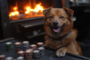 Animal Dog plays poker blackjack in a casino, fantasy