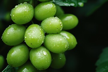 Wall Mural - Fresh green grapes with dewdrops close up