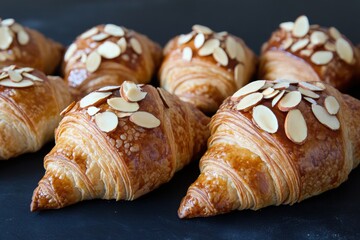 Fresh almond croissants on dark background