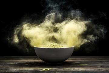 mystical steam rising bowl of green powder on wooden tabletop