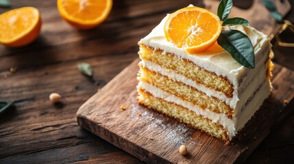 Orange cake with smooth vanilla cream, beautifully sliced and served on a rustic wooden board, capturing the essence of homemade baking