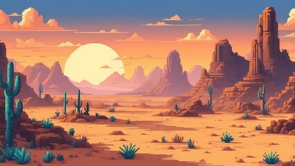 Game assets background RPG Gaming Battle Scene Desert sunset in Pixel 8bits 16bits 32 bits